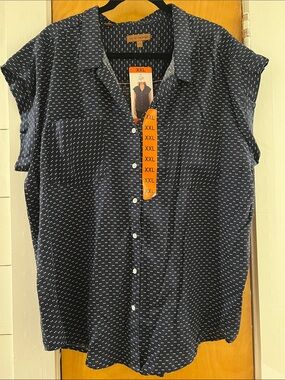 JACHS Girlfriend Navy Button-Front Short Sleeve Shirt with White Micro Dot Print